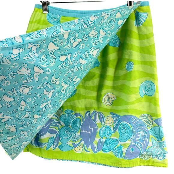 Vintage Lilly Pulitzer Reversible Wrap Skirt 6 Green Blue Low Tide Ocean Beach